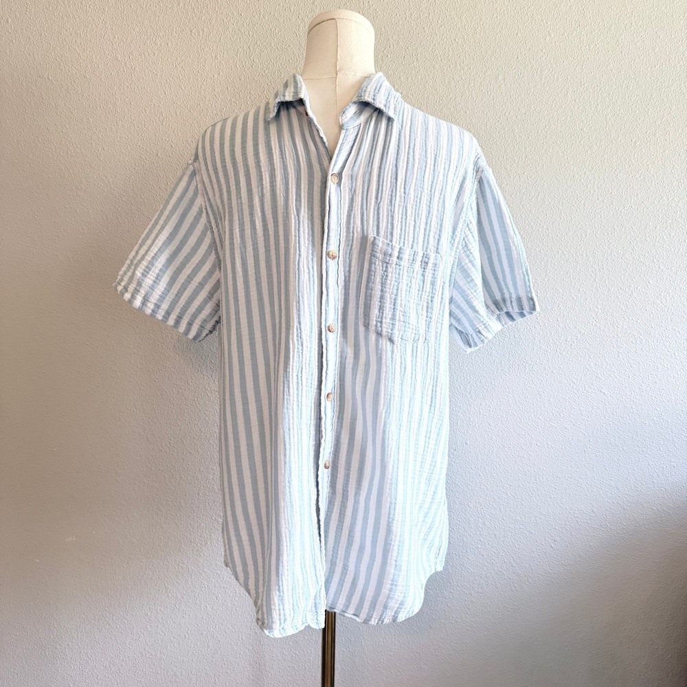 J.Crew Mens Medium Blue White Striped Cotton Gauze Short Sleeve Button Down